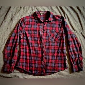 Women’s Long Sleeve Red Blue Purple Plaid Button Down Shirt, size US 10